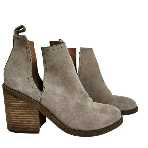 Steve Madden Sharini Taupe Suede Cutout Booties 9M 3” Block Heel Ankle Boots - Picture 2 of 11